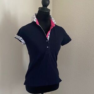 Navy Blue Polo Shirt with Pink Accents / Butterflies